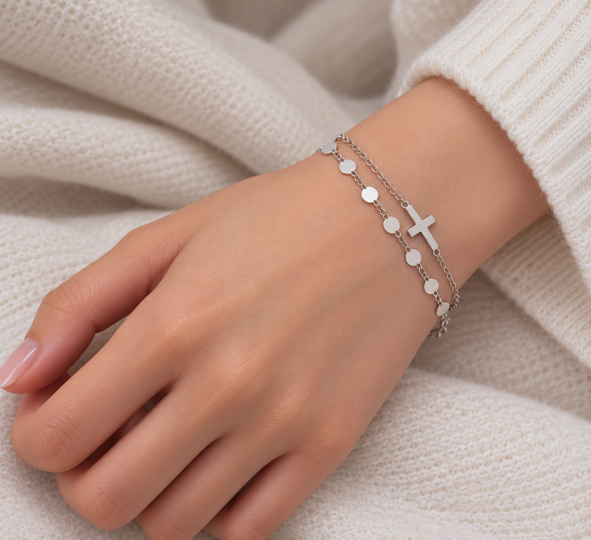 Pulsera de cadena con eslabones cruzados de disco en plata de ley 925 rodiada - ITB00314-RH