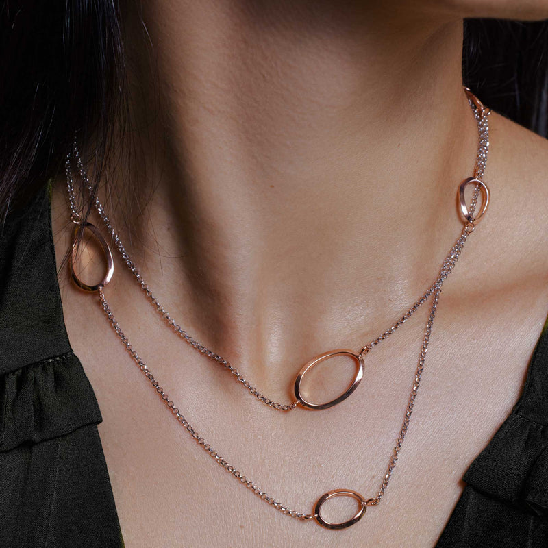 Silver 925 Chain Necklace with Curved Rose Gold Plated Loops - ITN00117RH-RGP