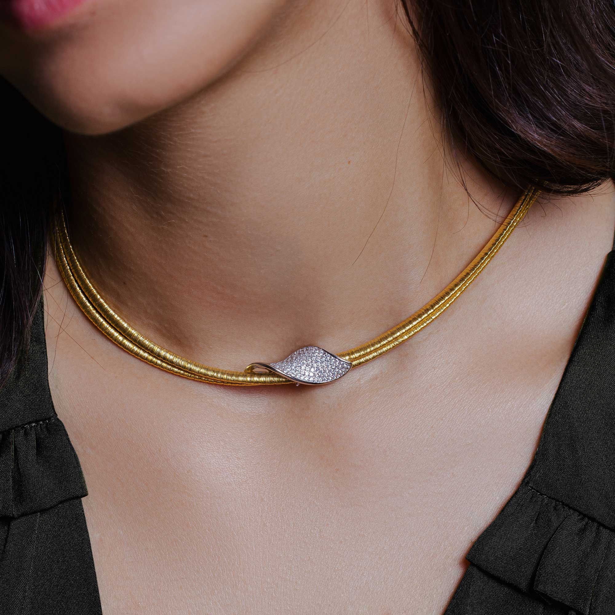 Silver 925 Gold Plated Italian Necklace with Micro Pave CZ Curved Accent - ITN00119GP-RH