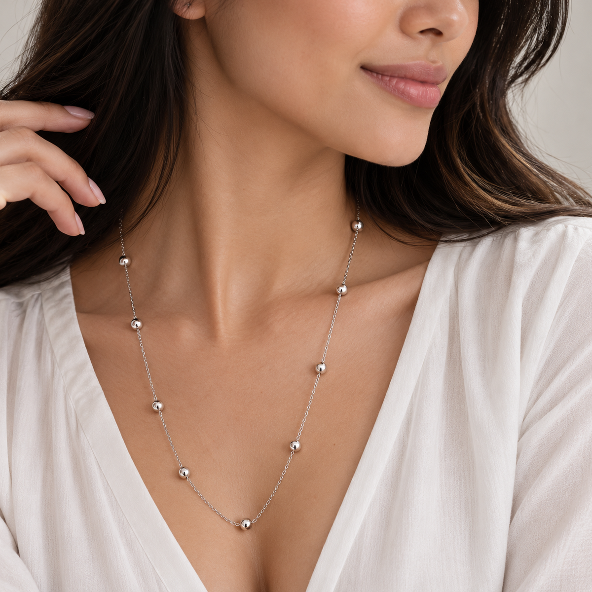 Rhodium Plated 925 Sterling Silver Long Beaded Chain Necklace - ITN00132RH