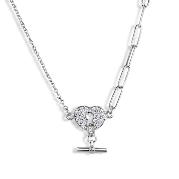 Rhodium Plated 925 Sterling Silver Paperclip Rolo Chains Heart Center Necklace - ITN00164-RH