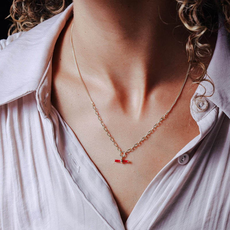 Collar de barra roja con esmalte ajustable Rolo chapado en oro de plata 925 - ITN00168-GP