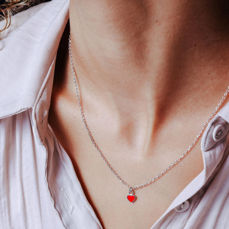 Collar de corazón rojo con esmalte ajustable Rolo chapado en rodio de plata 925 - ITN00169-RH