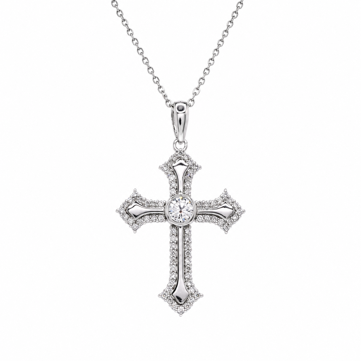 Rhodium Plated 925 Sterling Silver Lab Grown Ornate Cross Pave Filigree Necklace - LGMN00025