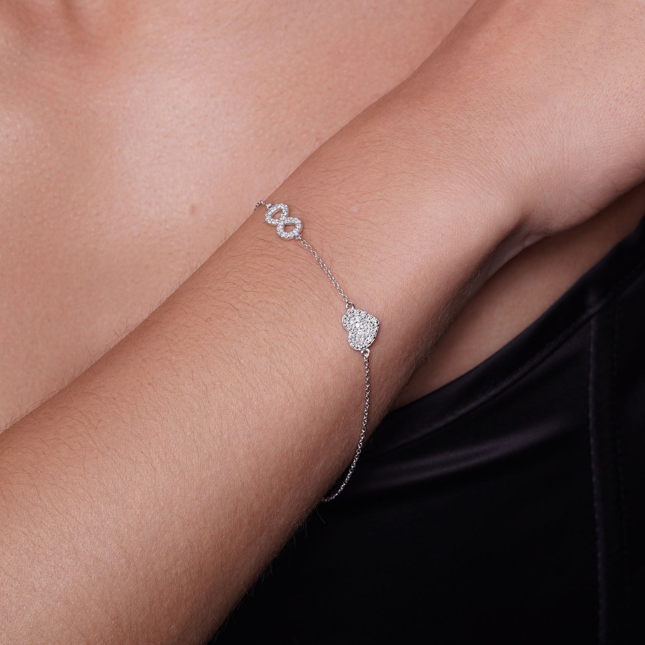 Rhodium Plated 925 Sterling Silver Lab Grown Heart and Infinity Charm Adjustable Bracelet - LGMB00005