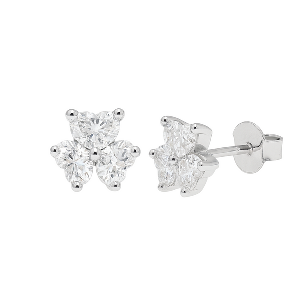 Rhodium Plated 925 Sterling Silver Moissanite Three Stone Flower 6.5mm Stud Earring - MDGE00015