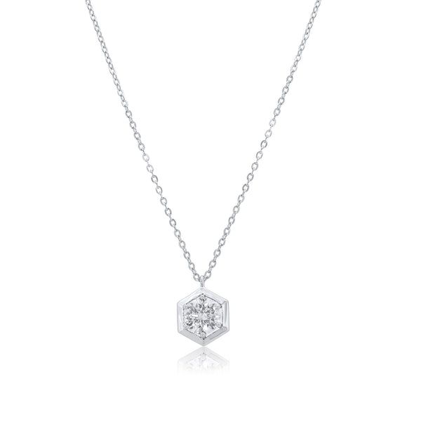 Rhodium Plated 925 Sterling Silver Round Moissanite Hexagon Frame Adjustable Pendant Necklace- MDGP00001