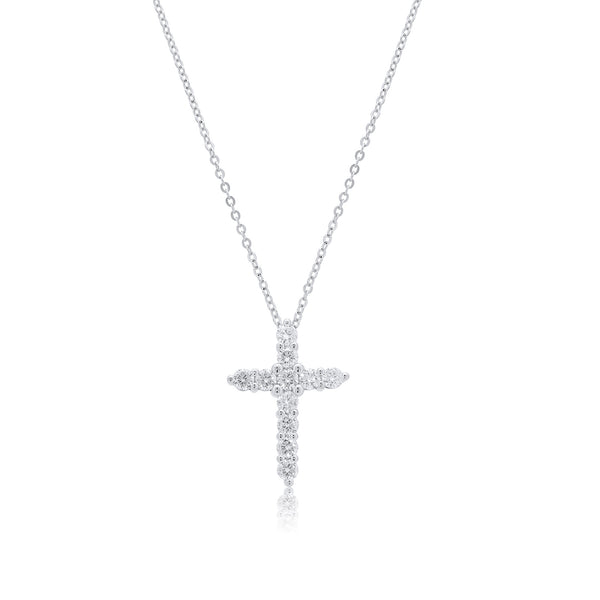 Rhodium Plated 925 Sterling Silver 17mm x 23.5mm Cross Moissanite Studded Adjustable Pendant Necklace - MDGP00004