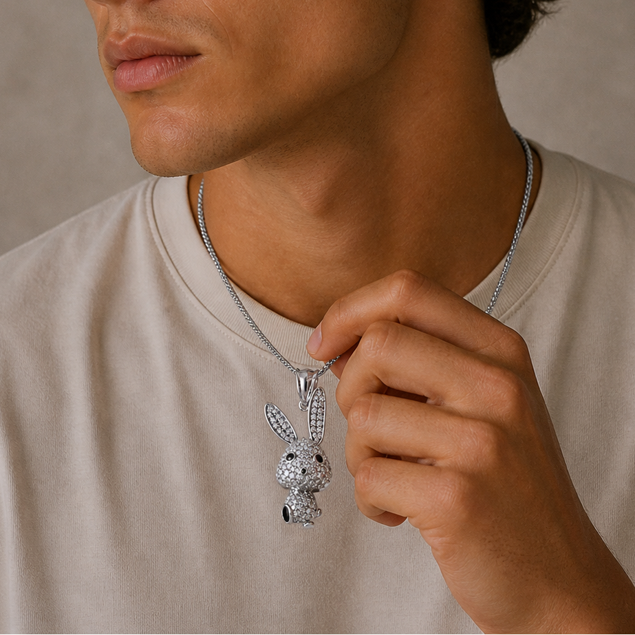 Rhodium Plated 925 Sterling Silver Moissanite Whimsical Rabbit Pendant - MGMP00019 | MGMP00020