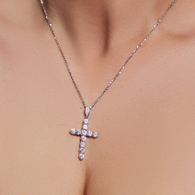 Rhodium Plated 925 Sterling Silver Moissanite Cross Pendant - MGMP00173