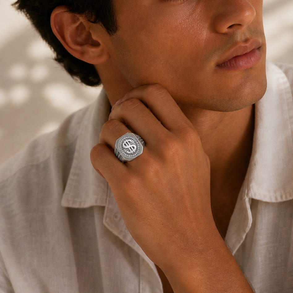 Rhodium Plated 925 Sterling Silver Moissanite Men's Dollar Sign