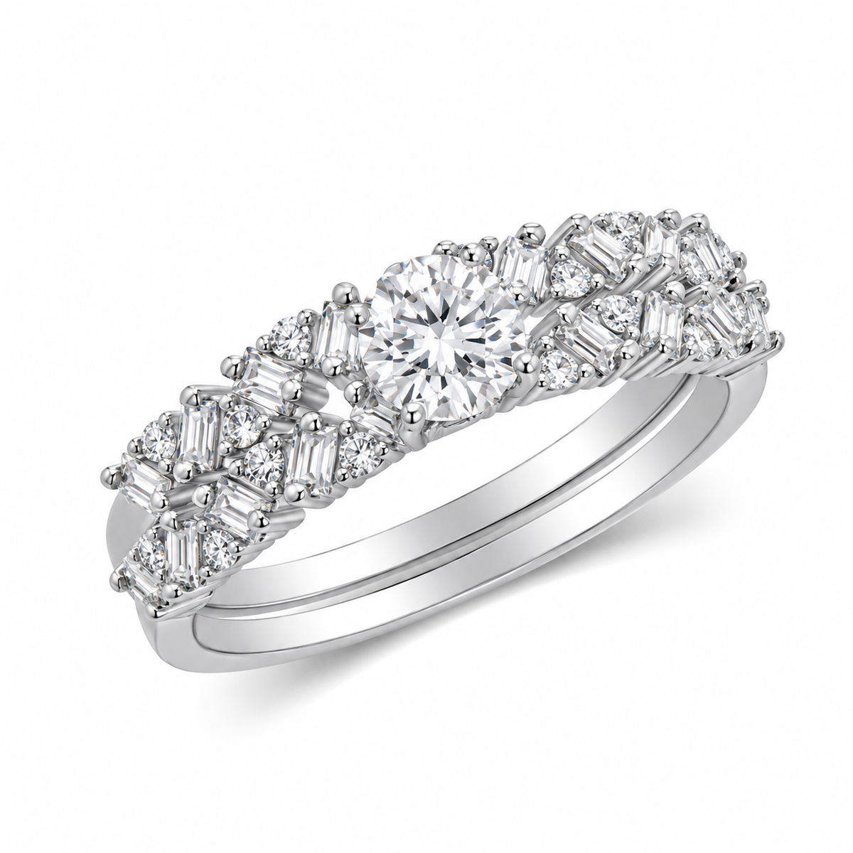 Rhodium Plated 925 Sterling Silver Moissanite Round Solitaire Center Double Band Ring - MGMR00062
