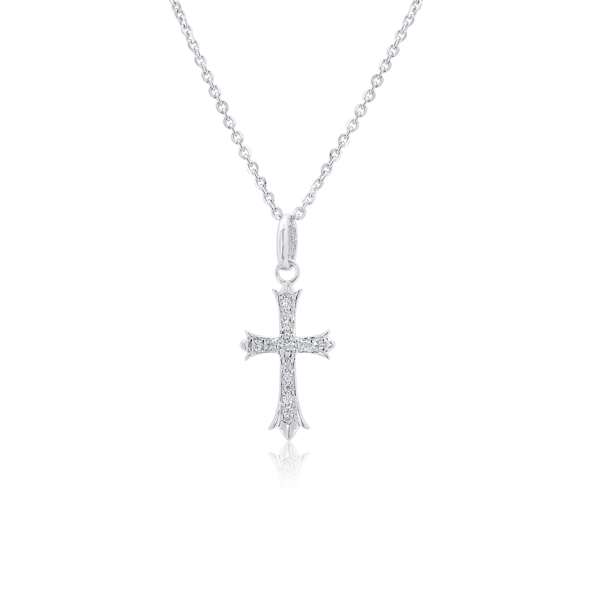 Rhodium Plated 925 Sterling Silver Moissanite Encrusted Fleur-De-Lis Cross 11mm x 18mm Pendant - MPAP0003