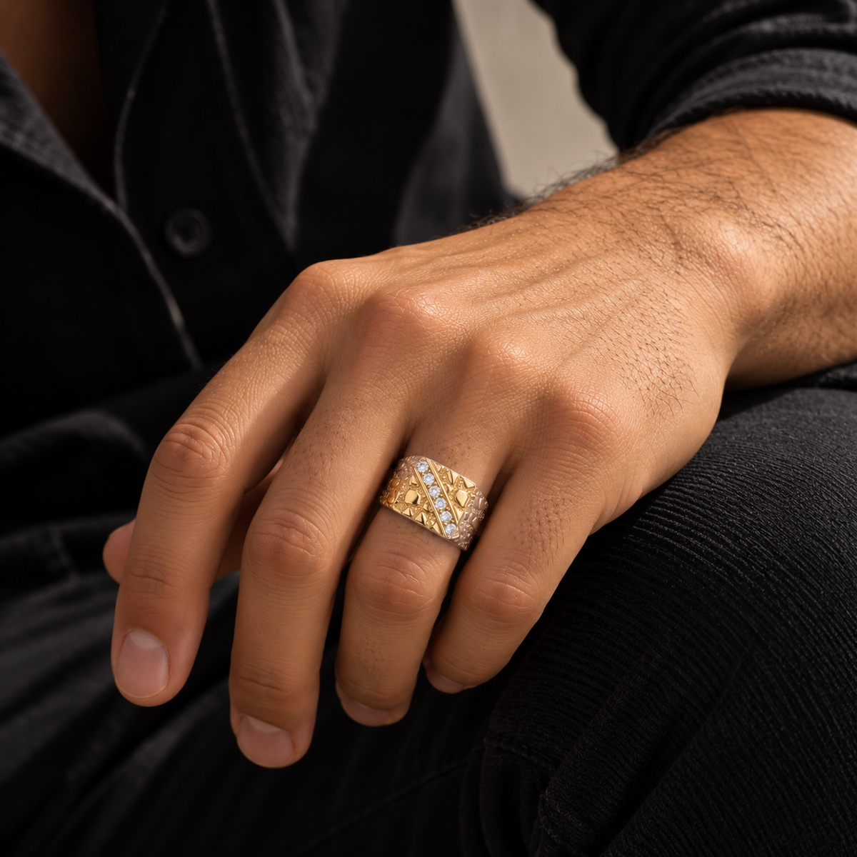 Gold Plated 925 Sterling Silver Moissanite Men's Nugget Diagonal Band Ring - MTGR00038GP