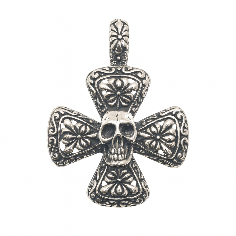 Oxidized 925 Sterling Silver Gothic Skull Cross 32mm Pendant - OXP00072