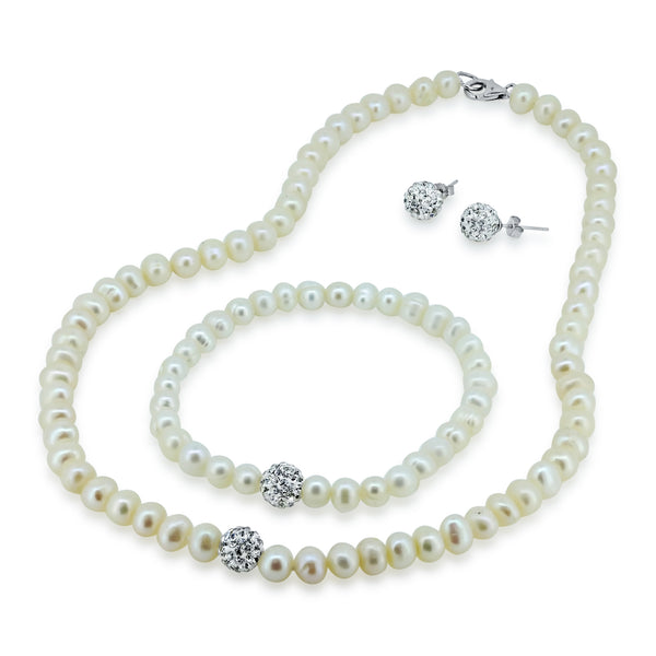 Fresh Water White Pearl Set with CZ Encrusted Sterling Silver Bead - PJS00001WHT