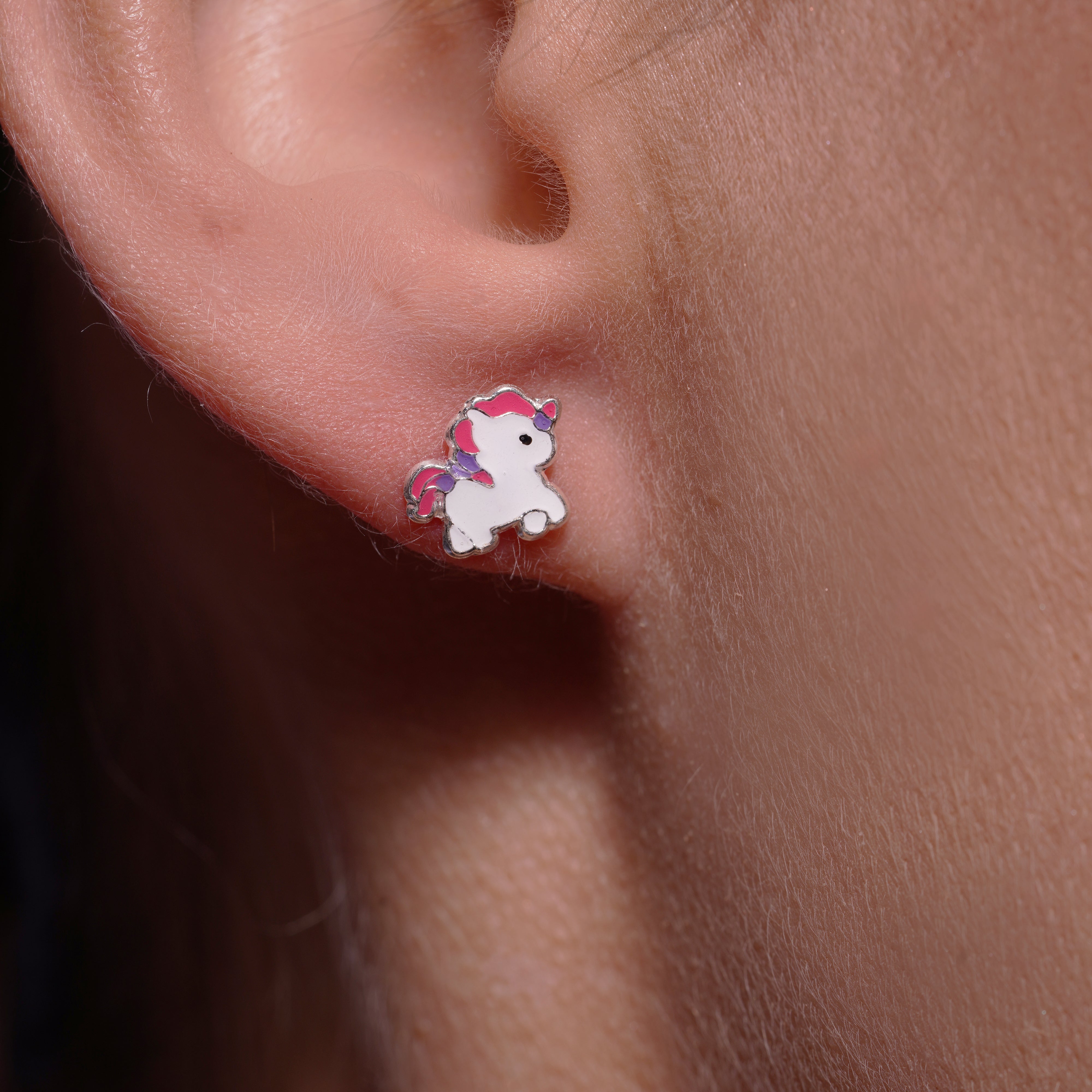 High Polished 925 Silver Colored Enamel Unicorn Pony Earrings- SIL00004