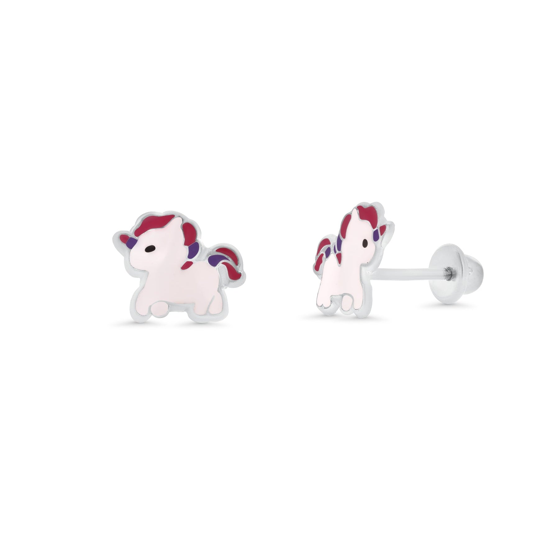 High Polished 925 Silver Colored Enamel Unicorn Pony Earrings- SIL00004