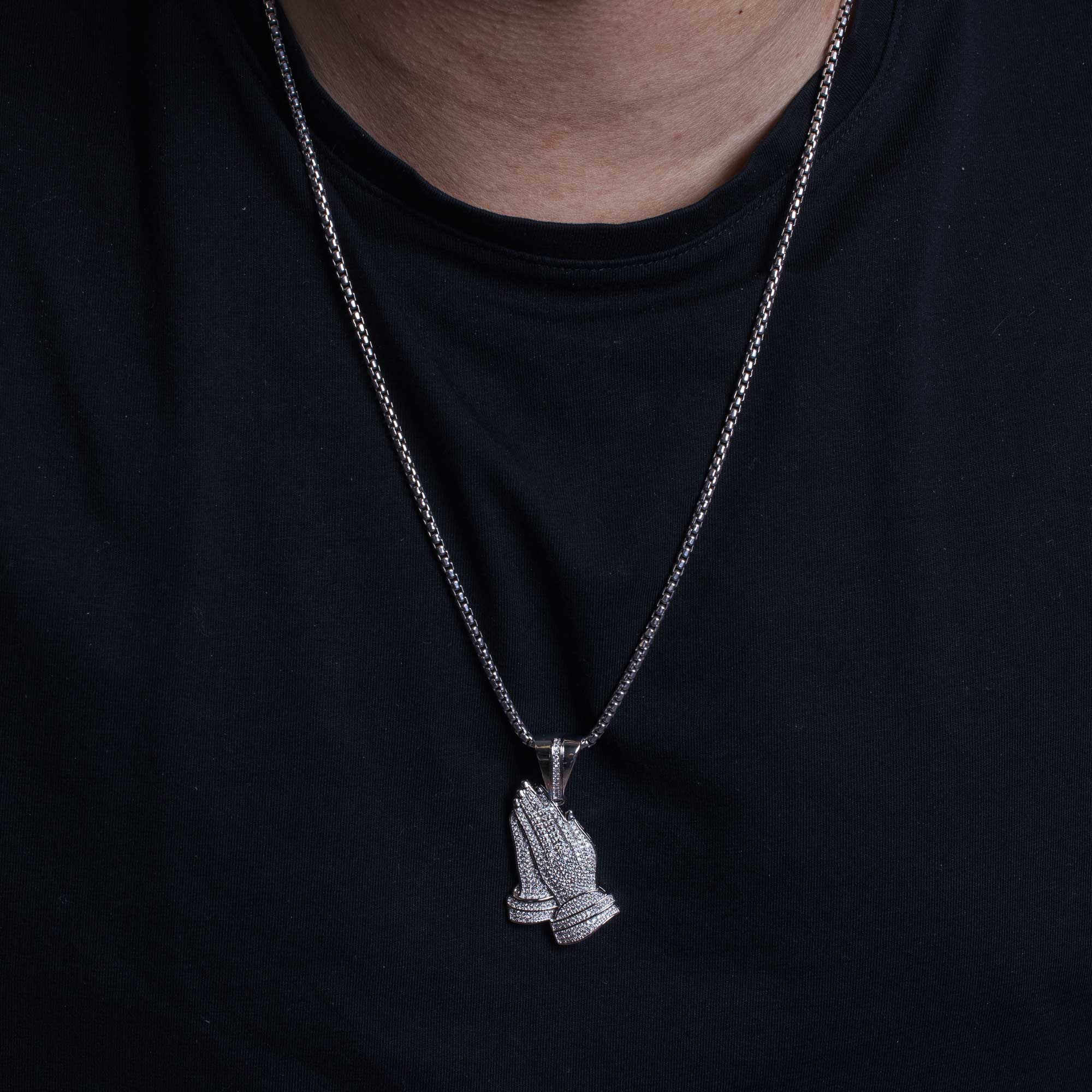 Rhodium Plated 925 Sterling Silver CZ Praying Hands Hip Hop