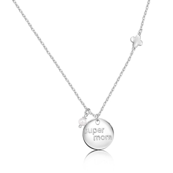 Rhodium Plated 925 Sterling Silver Super Mom Four Leaf Clover and Pearl Necklace Pendant - SOP00179