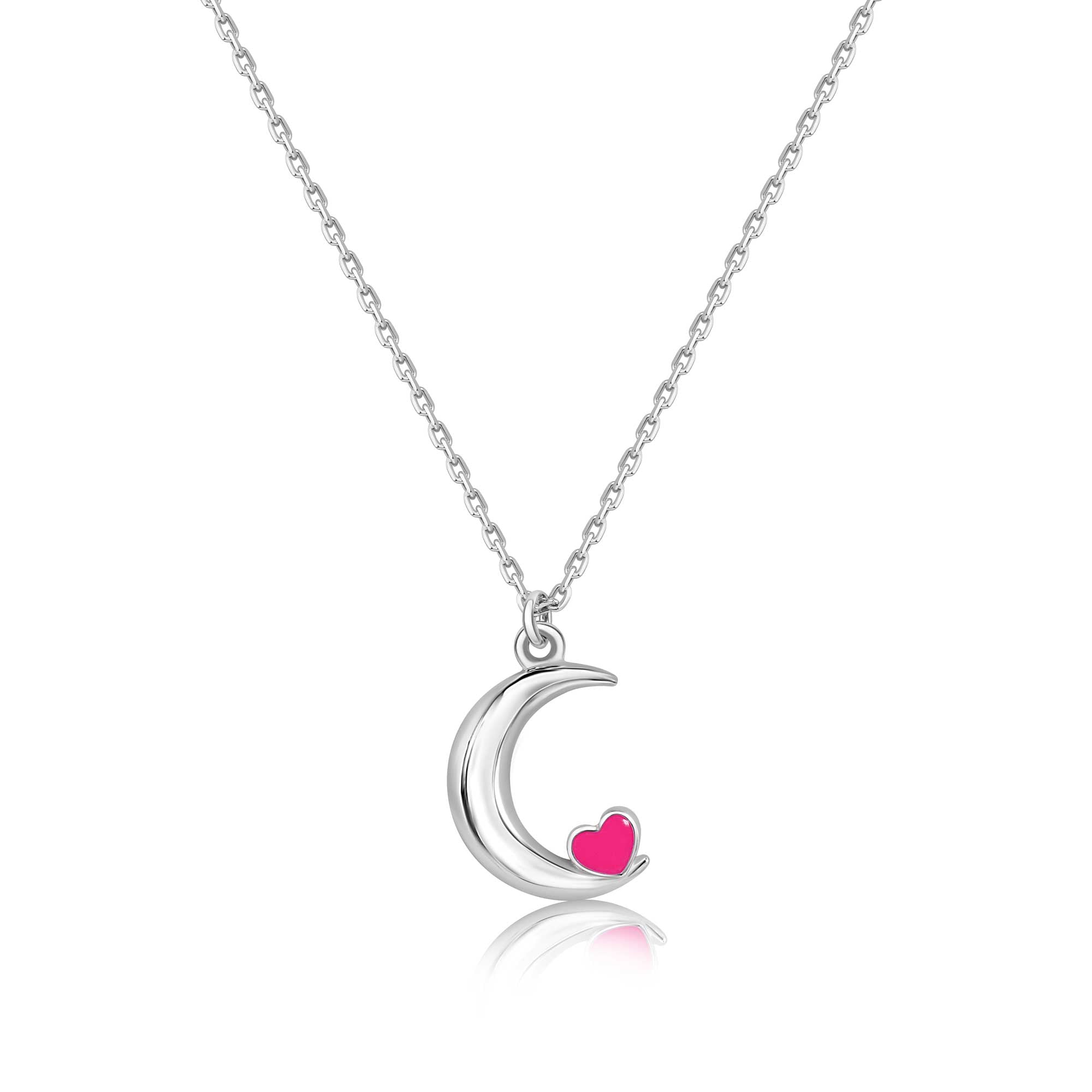 Collar con colgante de luna rosa y corazón esmaltado en plata de ley 925 rodiada - SOP00180