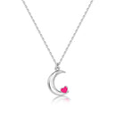 Rhodium Plated 925 Sterling Silver Moon Pink Heart Enamel Necklace Pendant - SOP00180