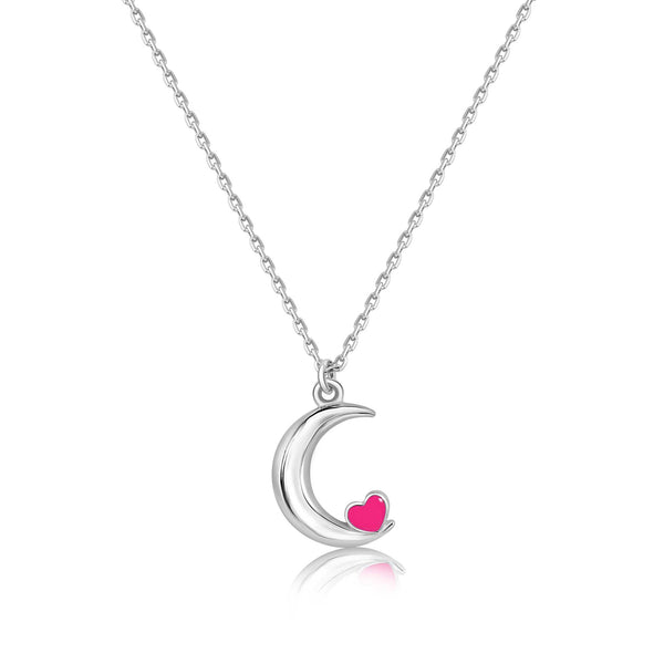 Rhodium Plated 925 Sterling Silver Moon Pink Heart Enamel Necklace Pendant - SOP00180