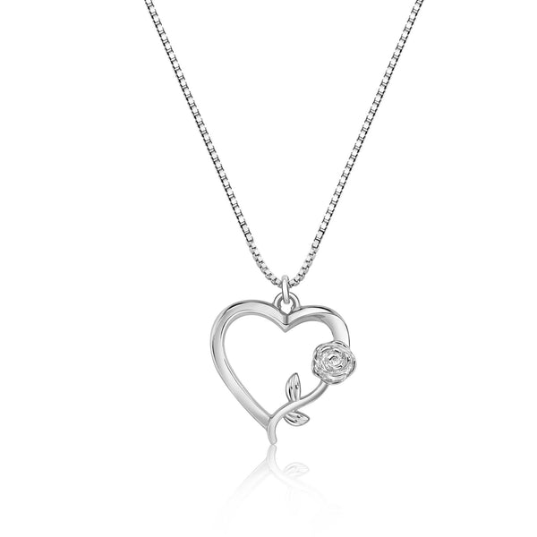 Rhodium Plated 925 Sterling Silver Heart Rose Necklace Pendant - SOP00183
