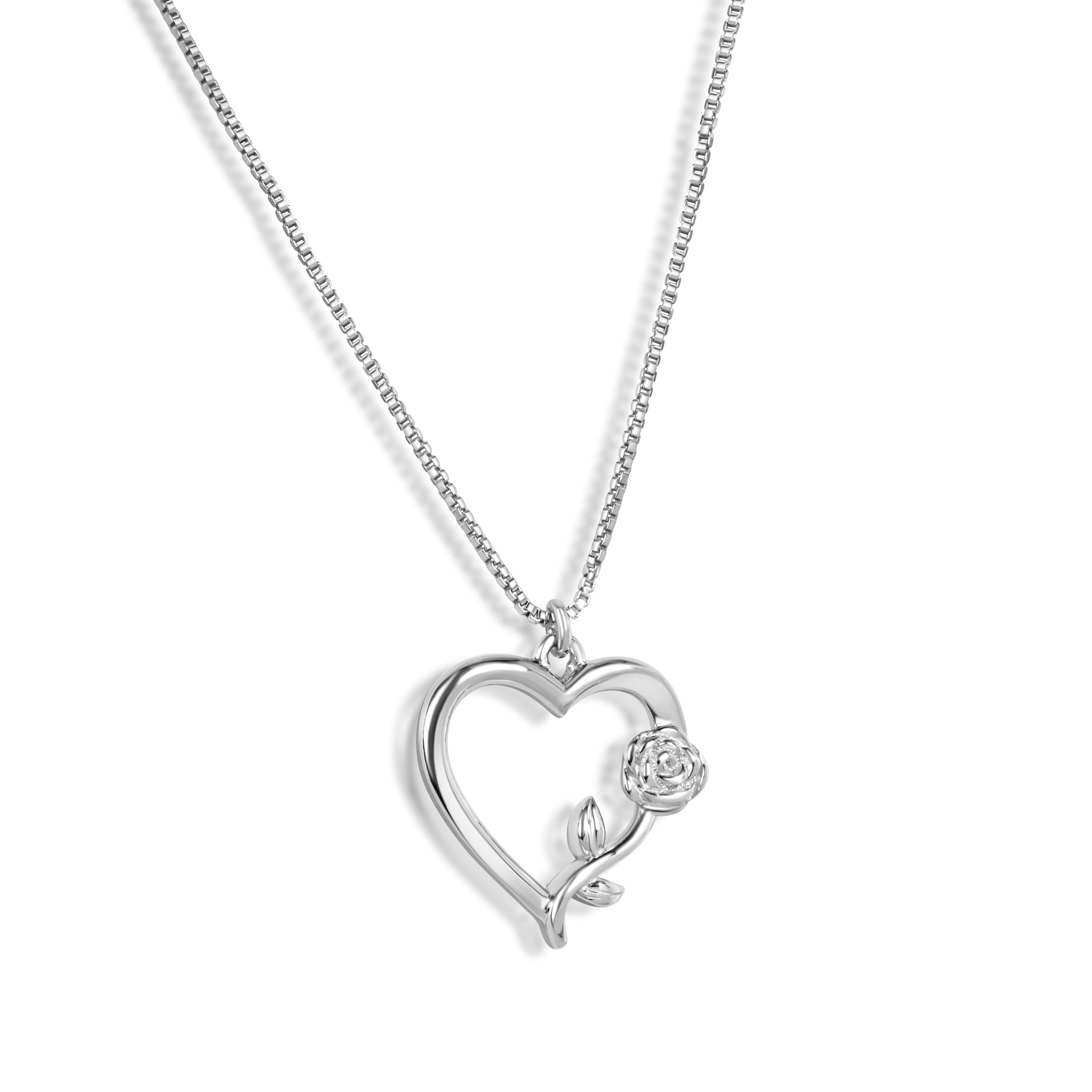 Rhodium Plated 925 Sterling Silver Heart Rose Necklace Pendant