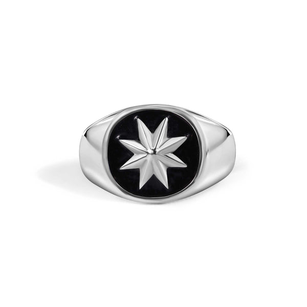 925 Sterling Silver High Polished Octagram Star Black Enamel Ring - SOR00038