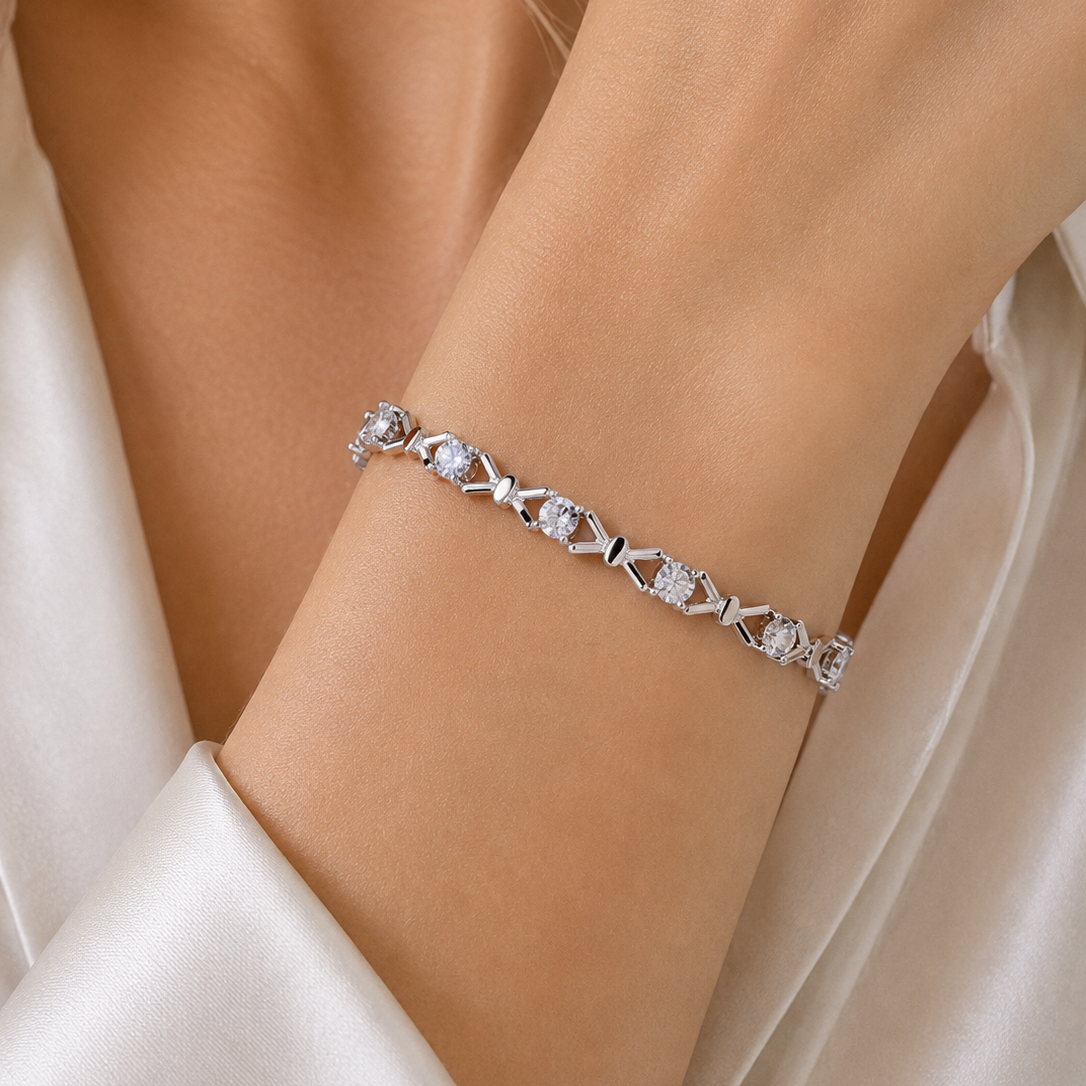 Rhodium Plated 925 Sterling Silver CZ X-link Fancy Bracelet - SPB00021