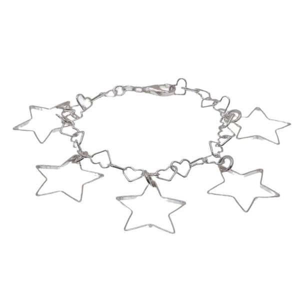 High Polish 925 Sterling Silver Multi Star & Heart Link Bracelet- SPB00026