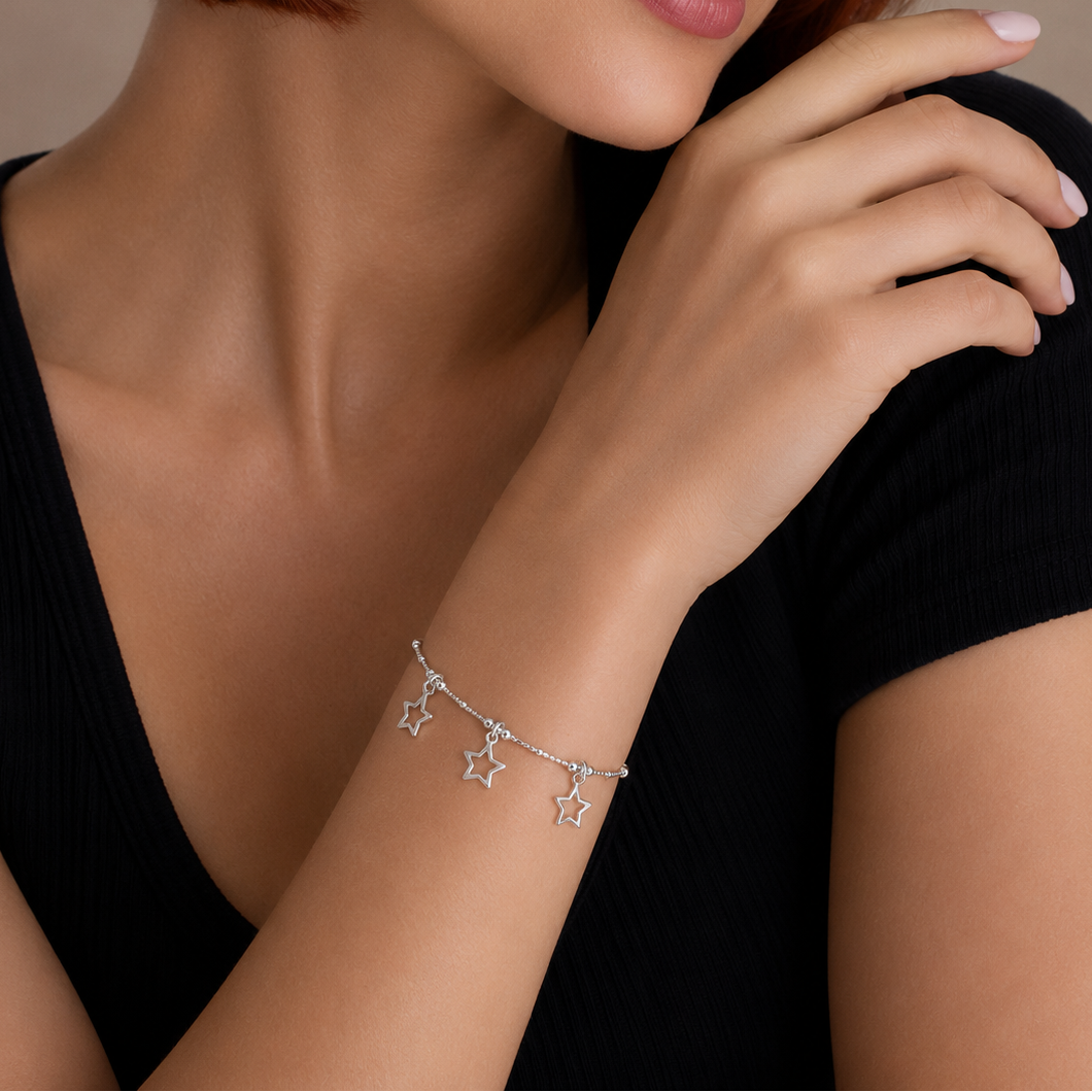 Clearance - High Polish 925 Silver Box & Bead Star Bracelet- SPB00040