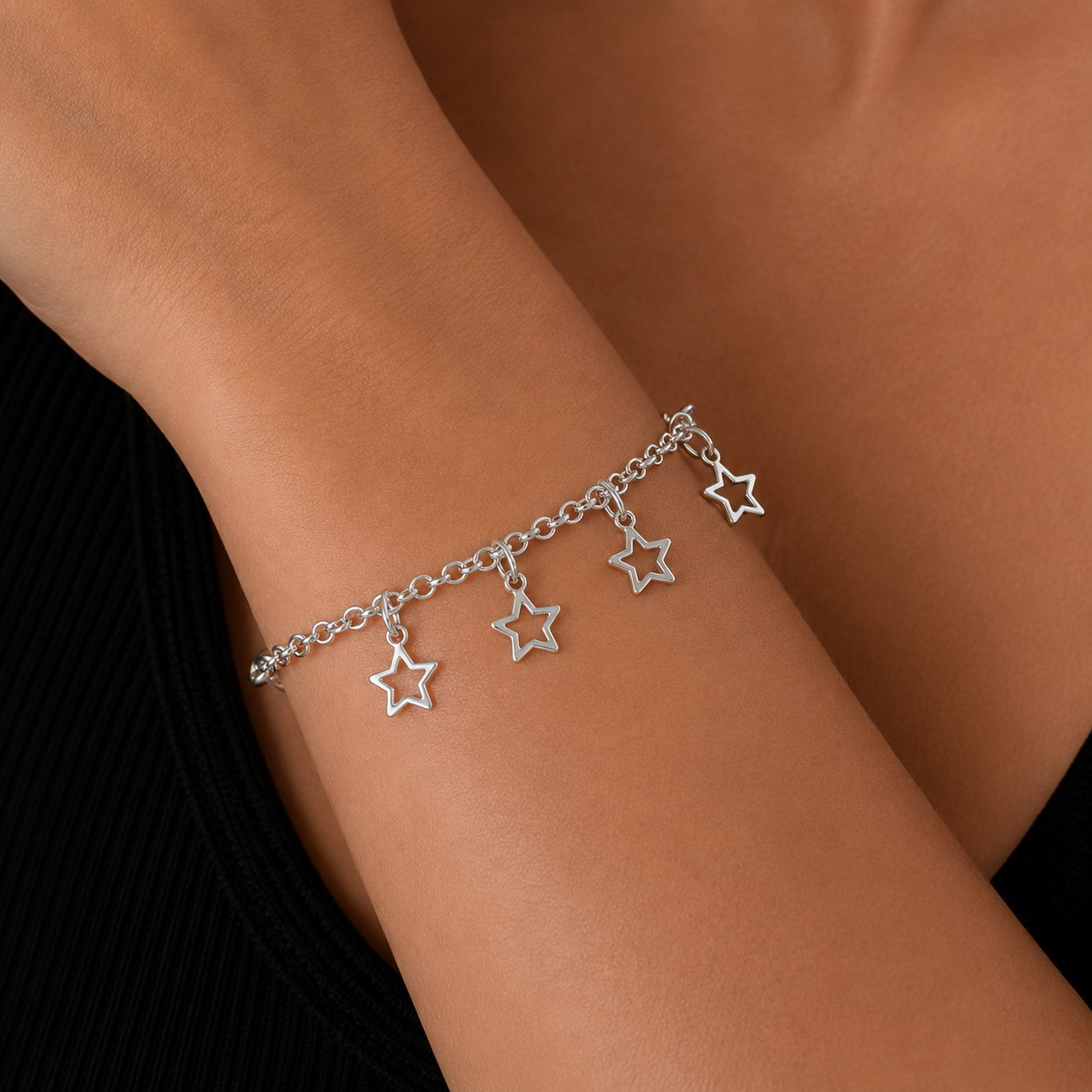 Clearance - High Polish 925 Silver Multi Cutout Star Charm Bracelet- SPB00041