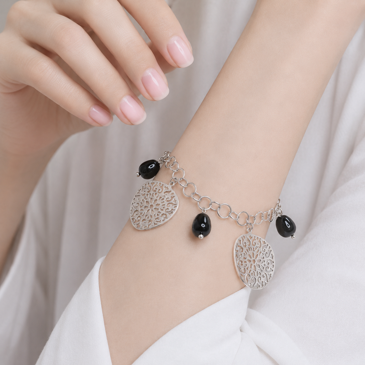 Clearance - Rhodium Plated 925 Silver Onyx & Warped Floral Disc Charm Bracelet- SPB00042