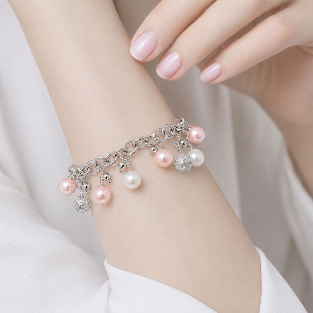 Clearance - Rhodium Plated 925 Silver White & Pink Multi Pearl & CZ Charm Bracelet- SPB00043