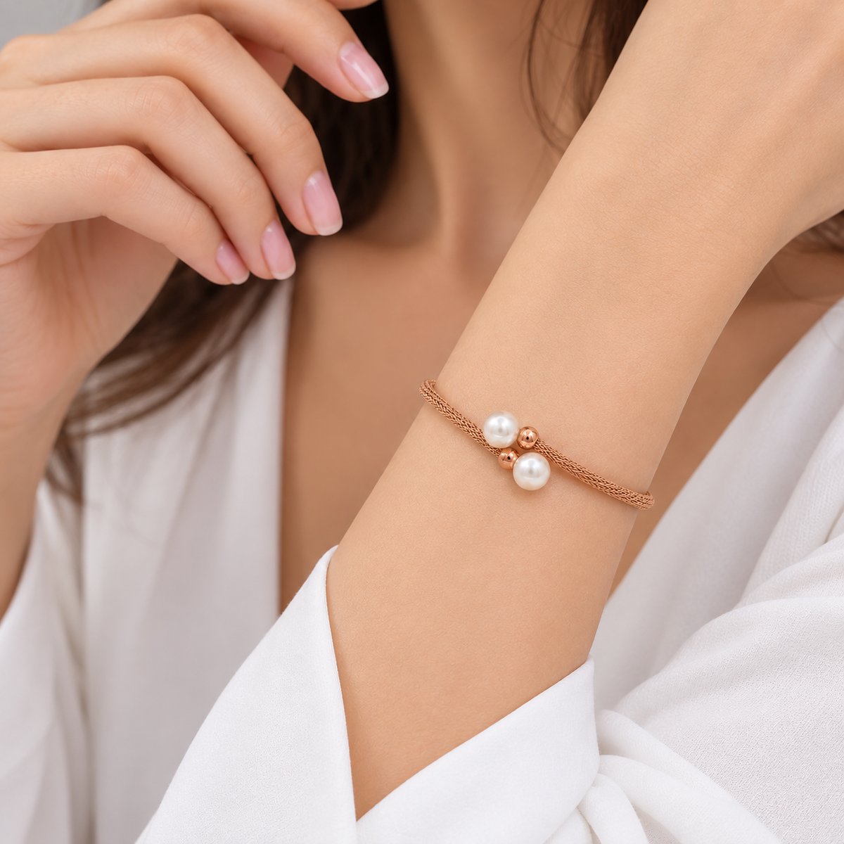 Final Price-Rose Gold Plated 925 Silver Italian Mesh Pearl Open Cuff Bracelet - SPB00045
