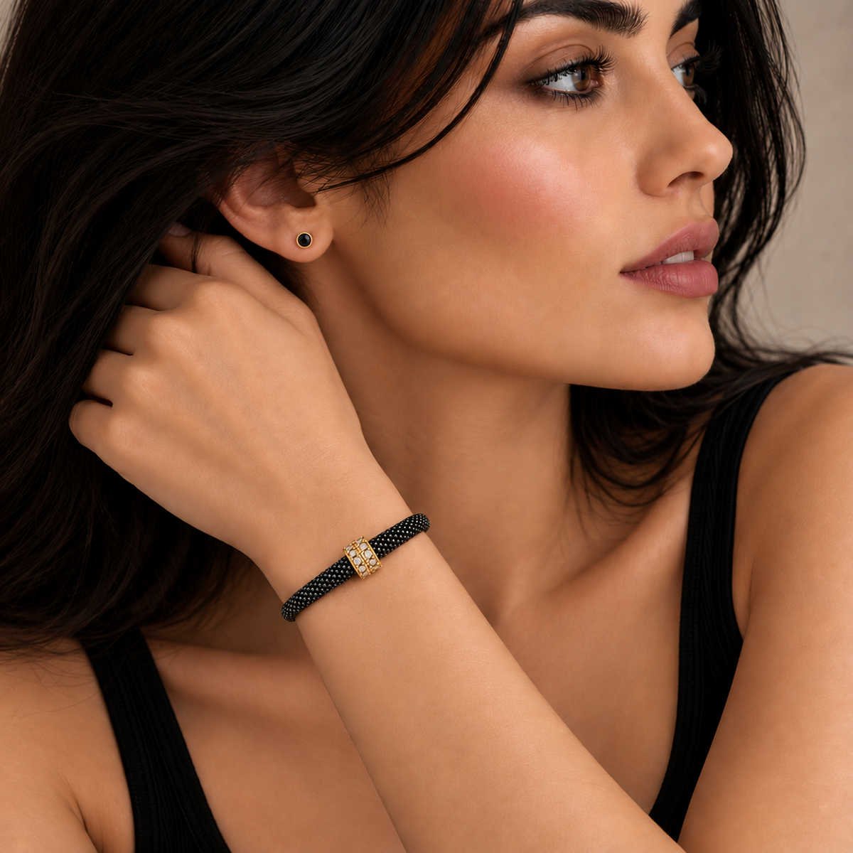 Final Price-Black Rhodium & Gold Plated 925 Silver CZ Accent Textured Italian Bracelet - SPB00048