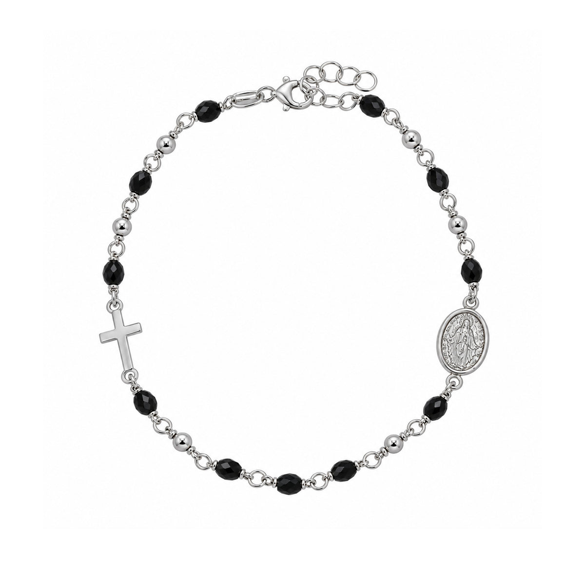 Final Price-Rhodium Plated 925 Sterling Silver Virgin Mary Guadalupe & Cross Onyx Beaded Bracelet - SPB00049