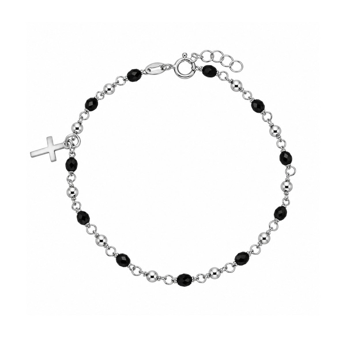 Final Price-Rhodium Plated 925 Sterling Silver Mini Cross Onyx Beaded Bracelet- SPB00050