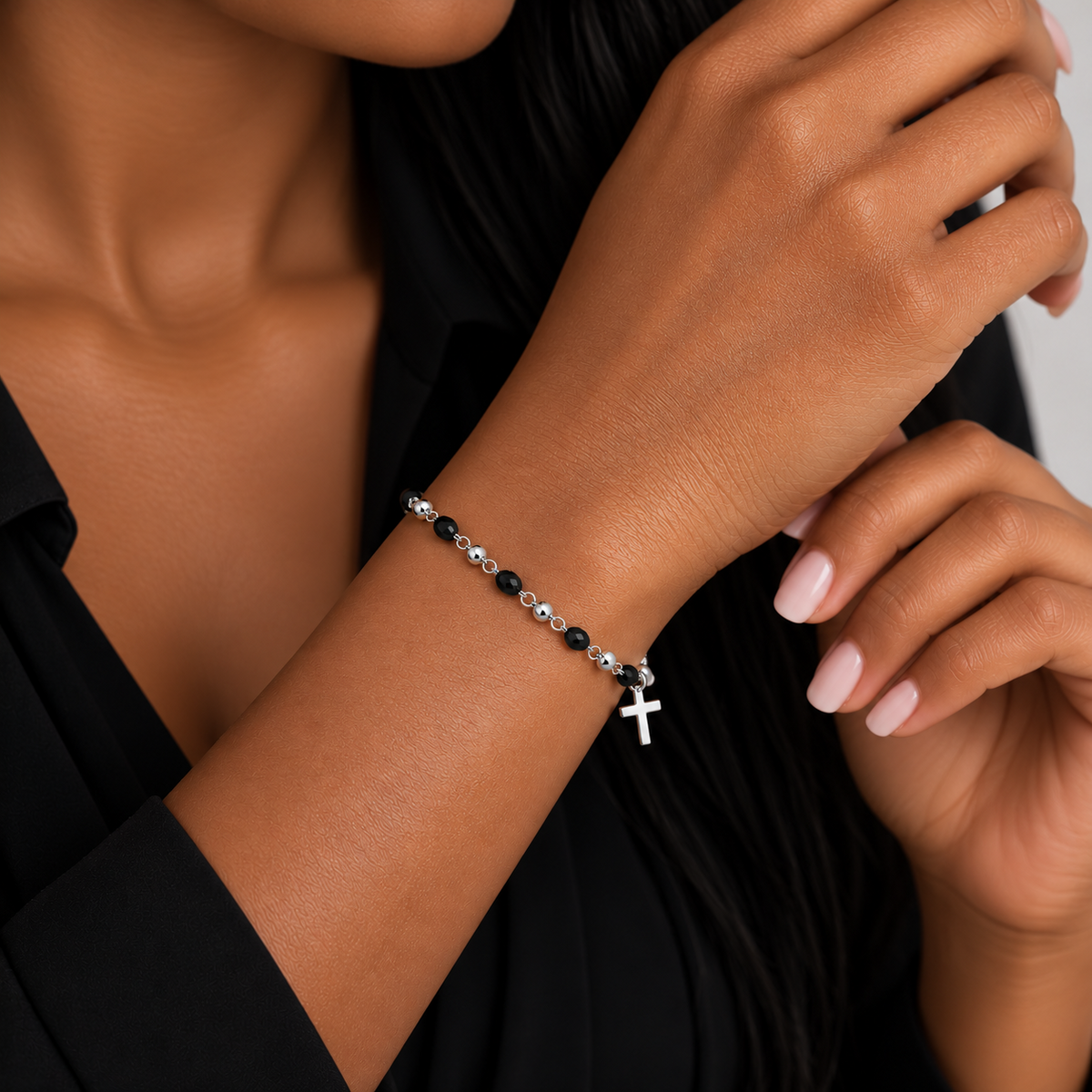 Final Price-Rhodium Plated 925 Sterling Silver Mini Cross Onyx Beaded Bracelet- SPB00050