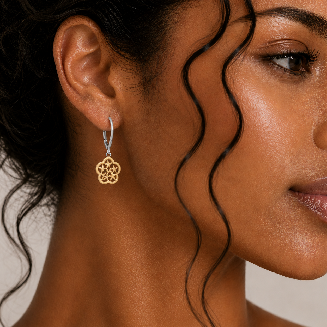 Clearance - Silver Matte Finish Dangling Gold Plated Flower Earrings - SPE00002
