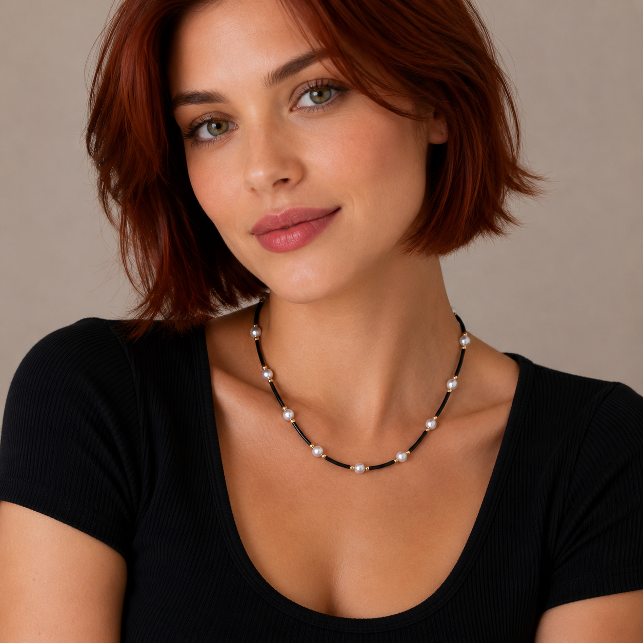 Gold Plated 925 Sterling Silver Grey Pearl &  Black Rubber Spacer Necklace - SPN00044
