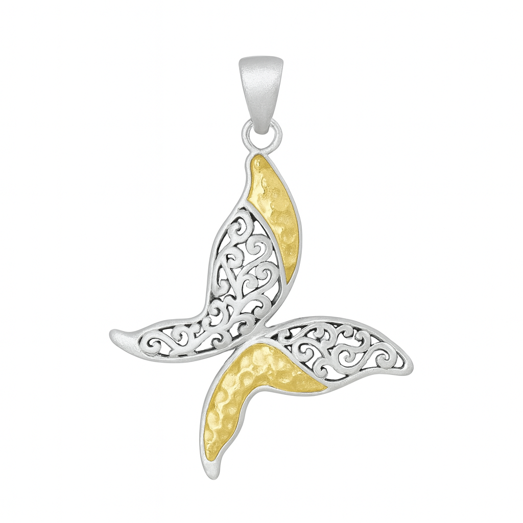 Clearance-Two-Tone 925 Sterling Silver Matte Finish  Filigree Butterfly Pendant - SPP00012