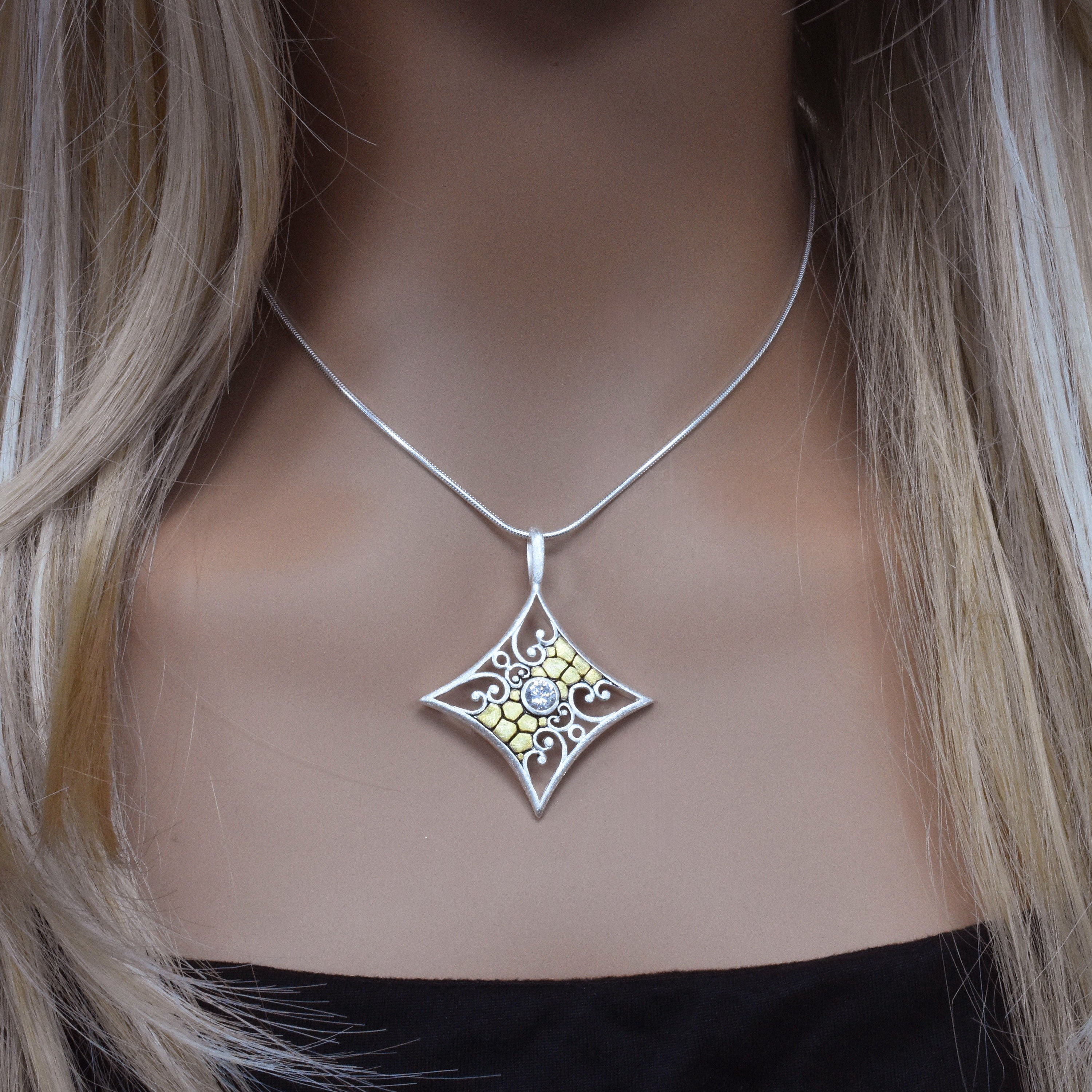 Clearance-Sterling Silver Matte Finish 2 Toned Diamond Shaped W/CZ Center Pendant - SPP00026