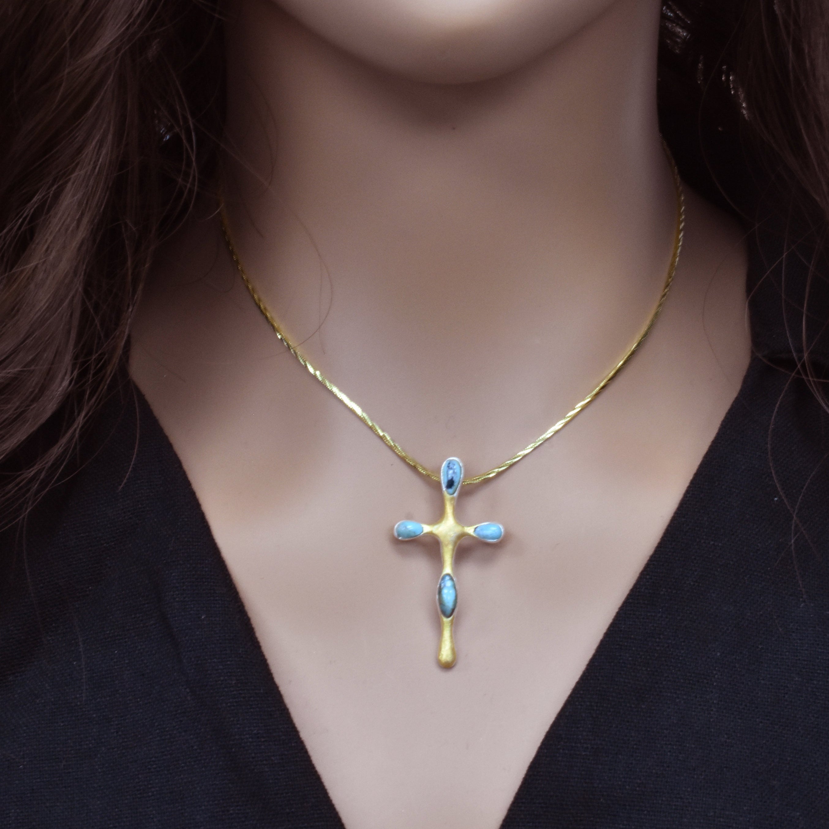 Clearance-Sterling Silver Matte Finish 2 Tone Turquoise Cross -SPP00035