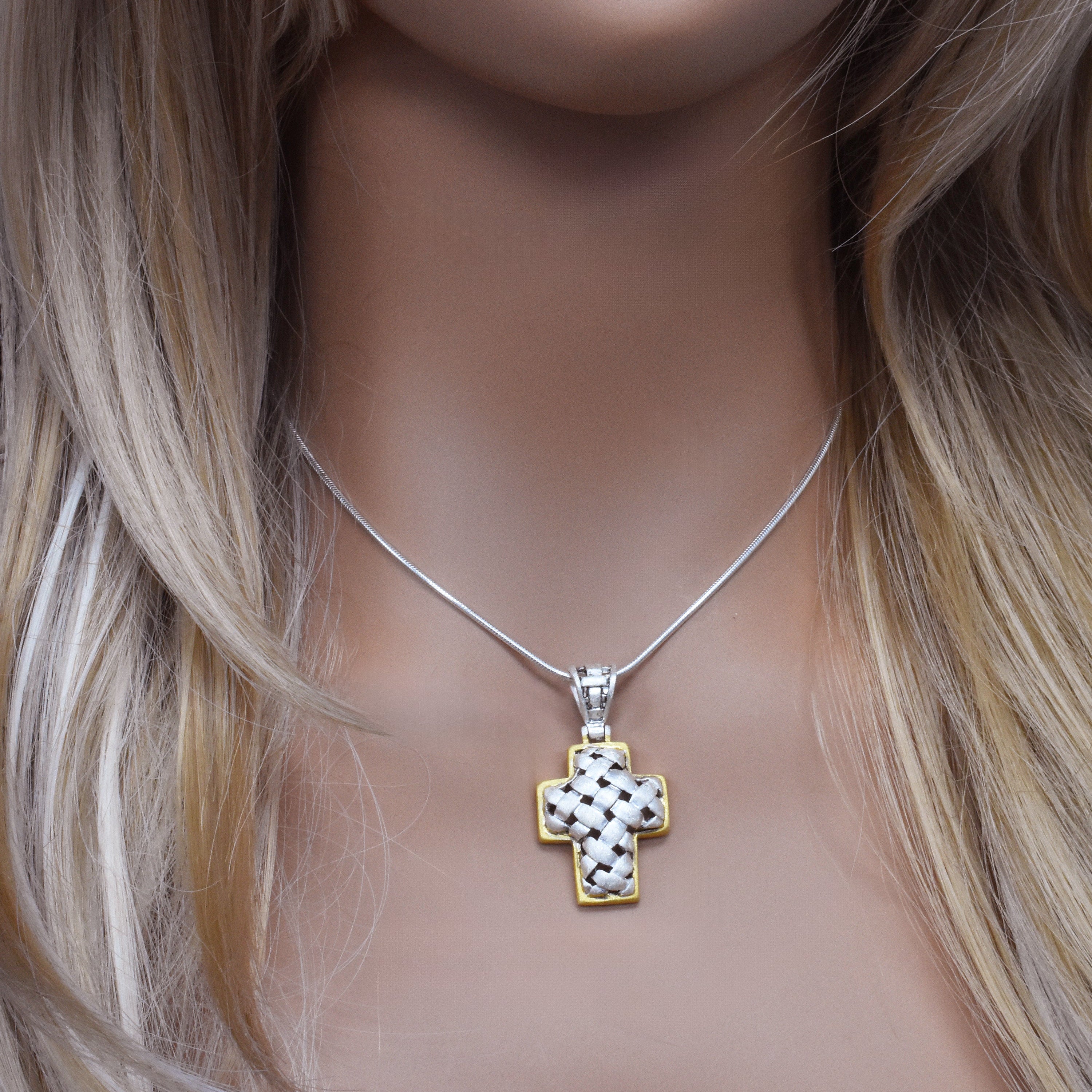 Clearance-Sterling Silver Matte Finish 2 Tone Basket Cross -SPP00036