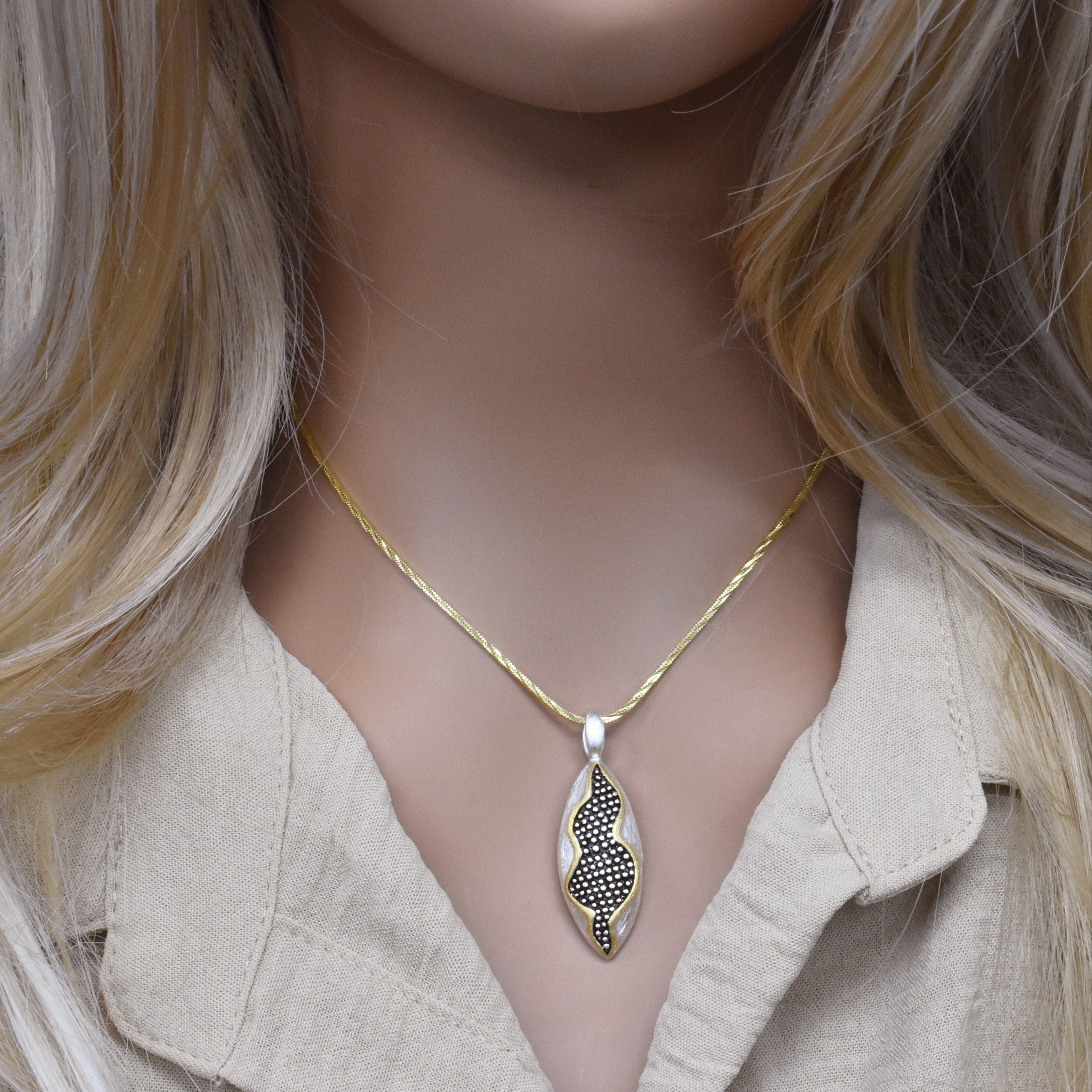 Clearance-Two-Tone 925 Sterling Silver Almond Shaped Pendant - SPP00040