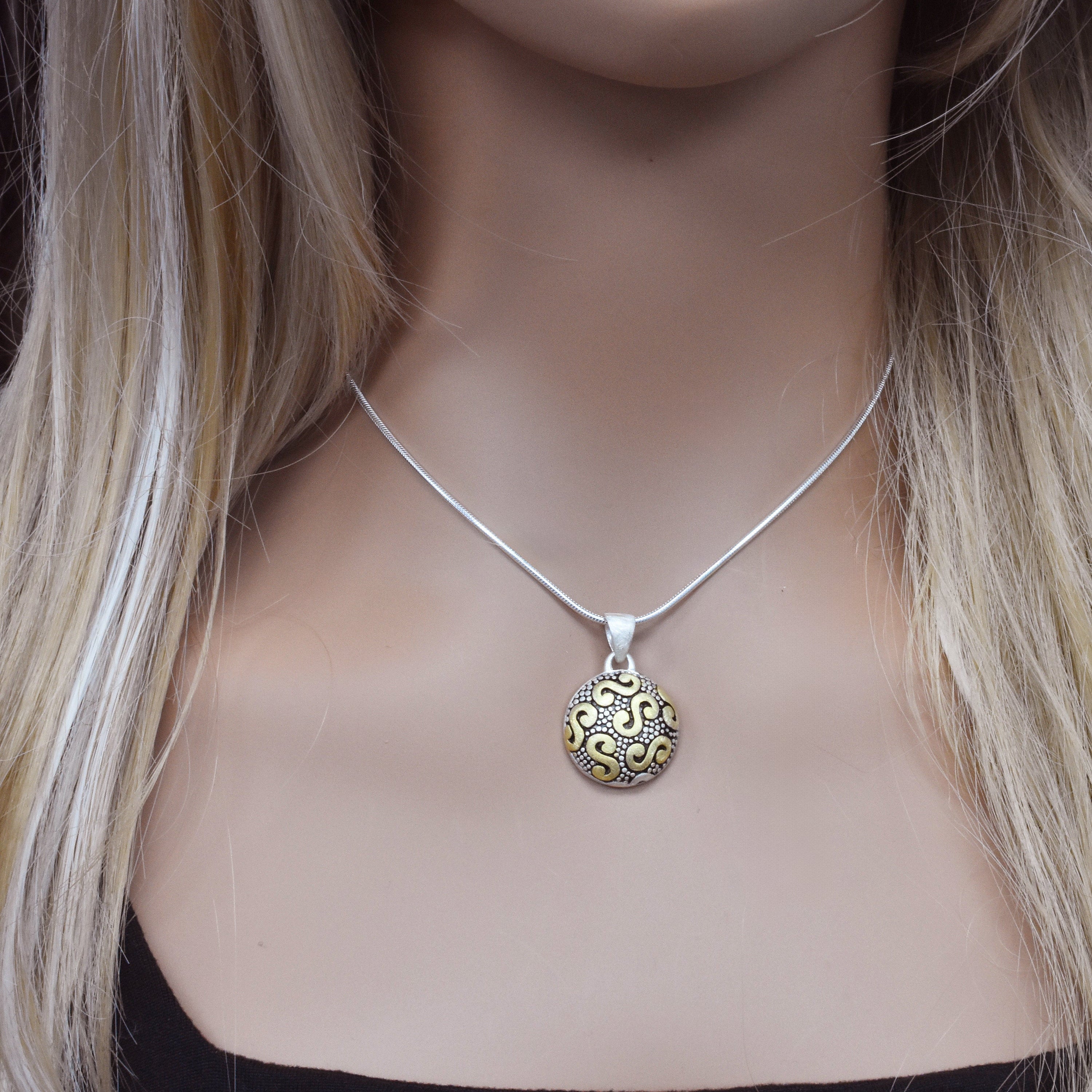 Clearance-Sterling Silver 2 Tone Beaded Swirl Dome Pendant - SPP00042