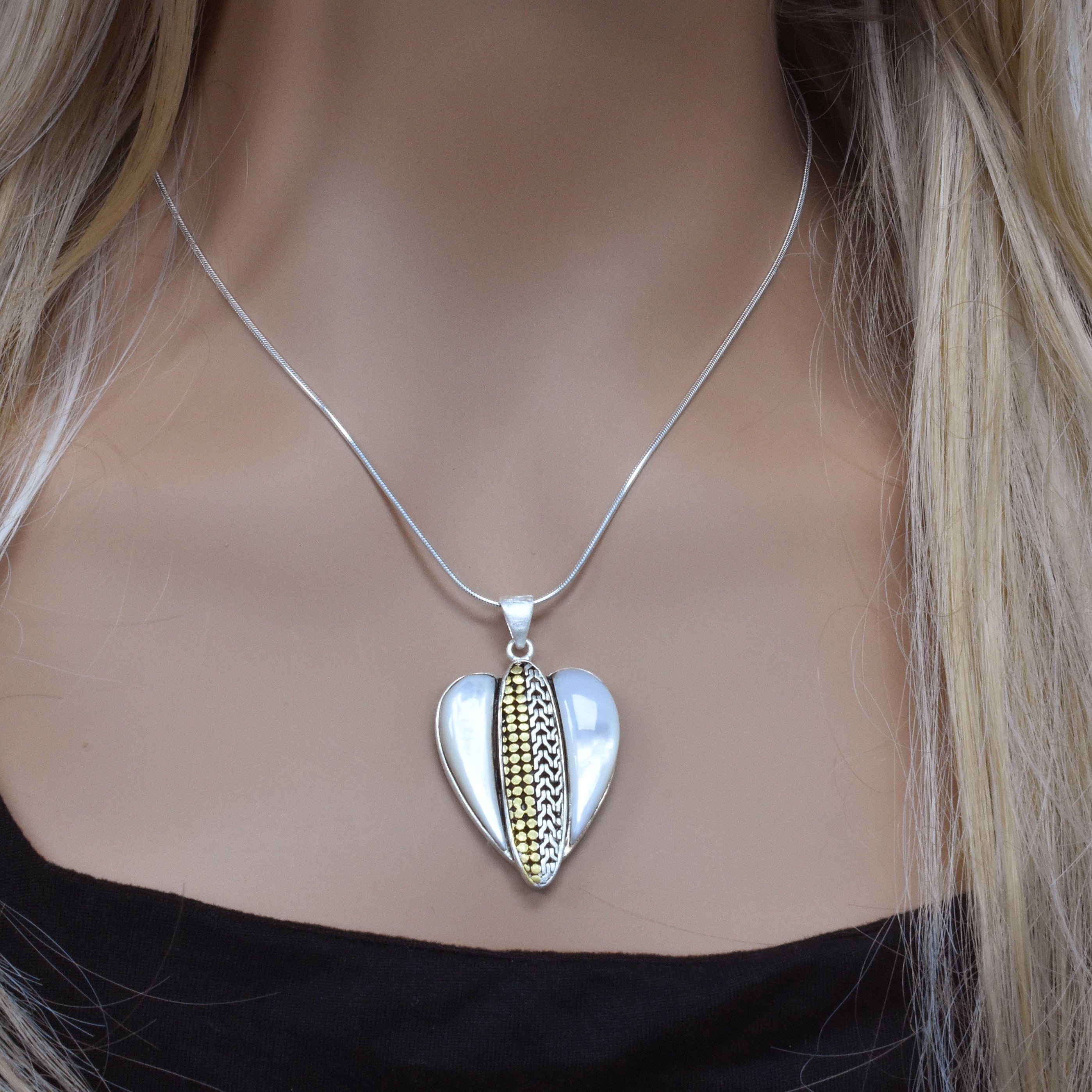 Clearance-Sterling Silver 2 Tone Mother of Pearl Heart Pendant - SPP00043